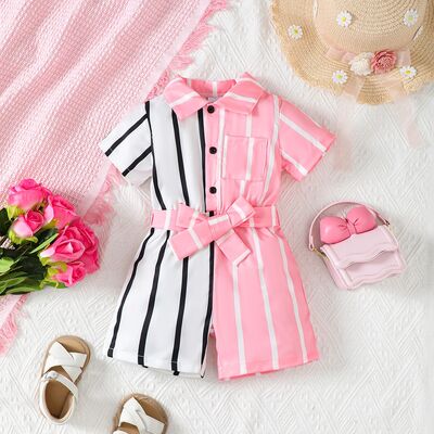 Striped Two-Tone Short Sleeve Tie Waist Romper - 1 PC. - T - 1 COLOR -