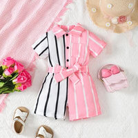 Thumbnail for Striped Two-Tone Short Sleeve Tie Waist Romper - 1 PC. - T - 1 COLOR -