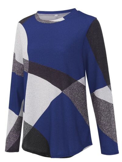 Geometric Round Neck Long Sleeve T-Shirt - T - 5 COLORS -