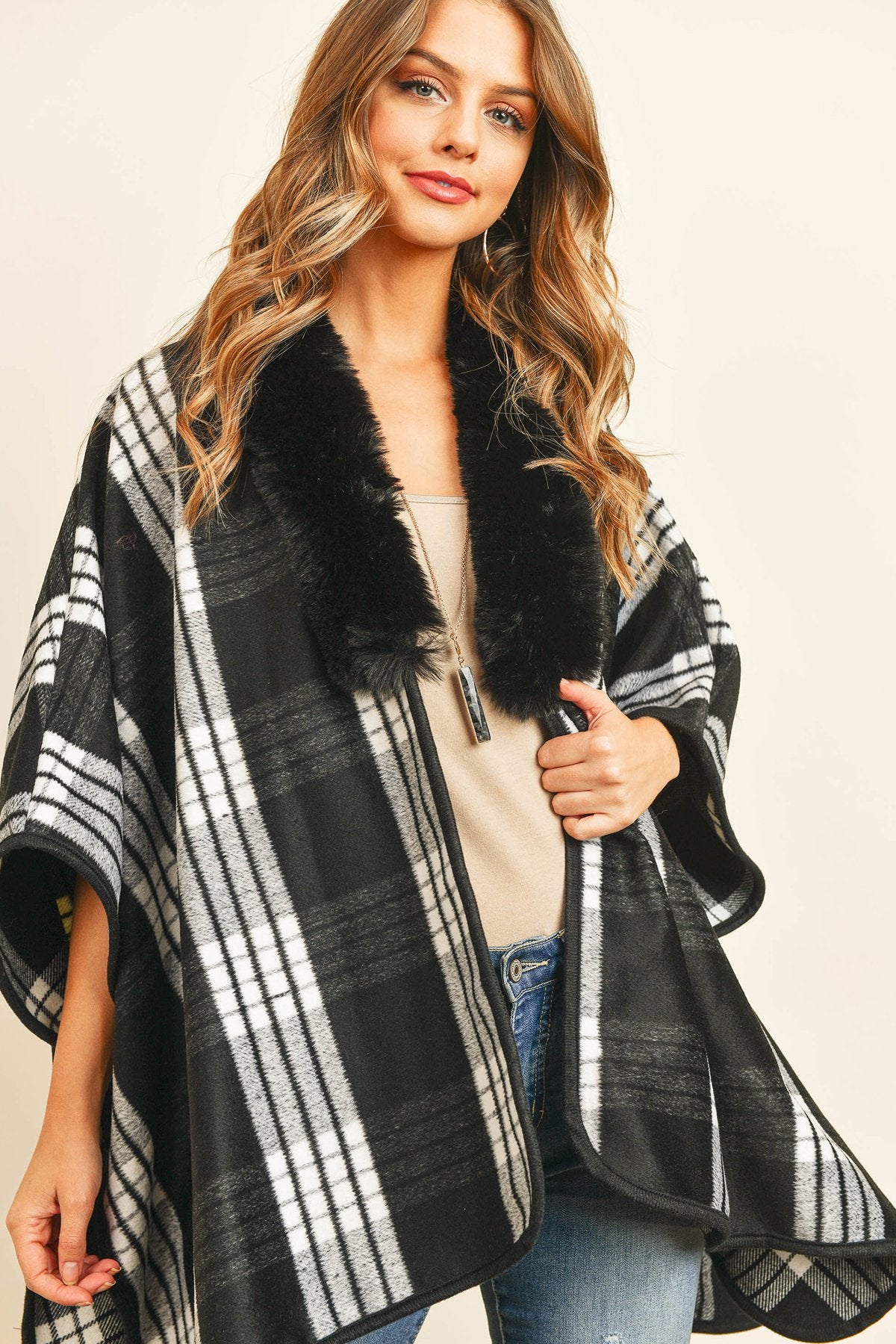 Riah Fashion - Plaid Fur Open Front Kimono -