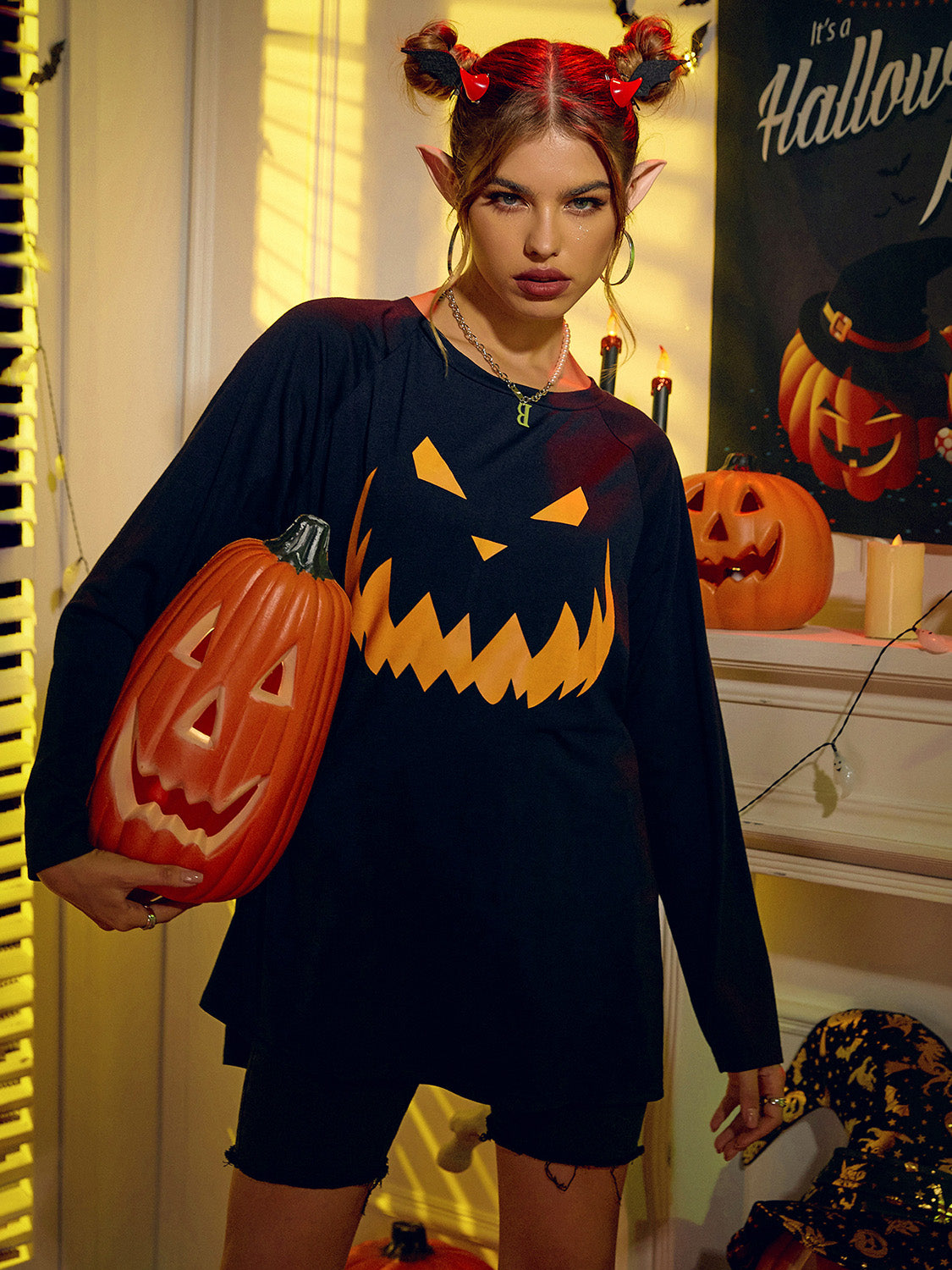 Round Neck Jack-o'-lantern Graphic T-Shirt - T - 1 COLOR -