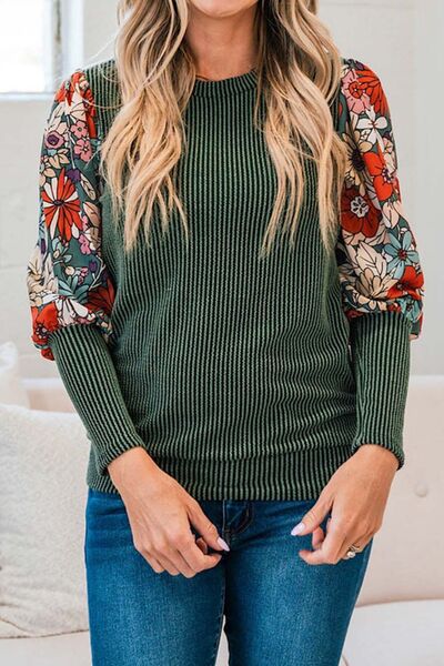 Printed Round Neck Lantern Sleeve T-Shirt - T - 1 COLOR -