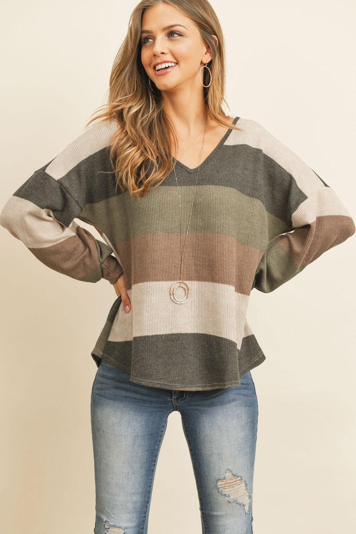 Riah Fashion - Rib Multicolor Stripes V-Neck Puff Sleeves Top - 3 COLORS -