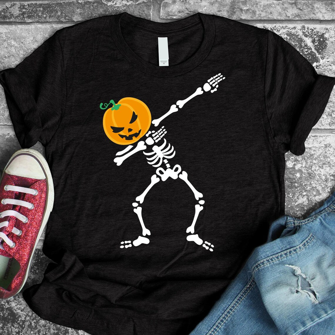 Skeleton Pumpkin Dabbing Halloween T-Shirt - 1 COLOR -