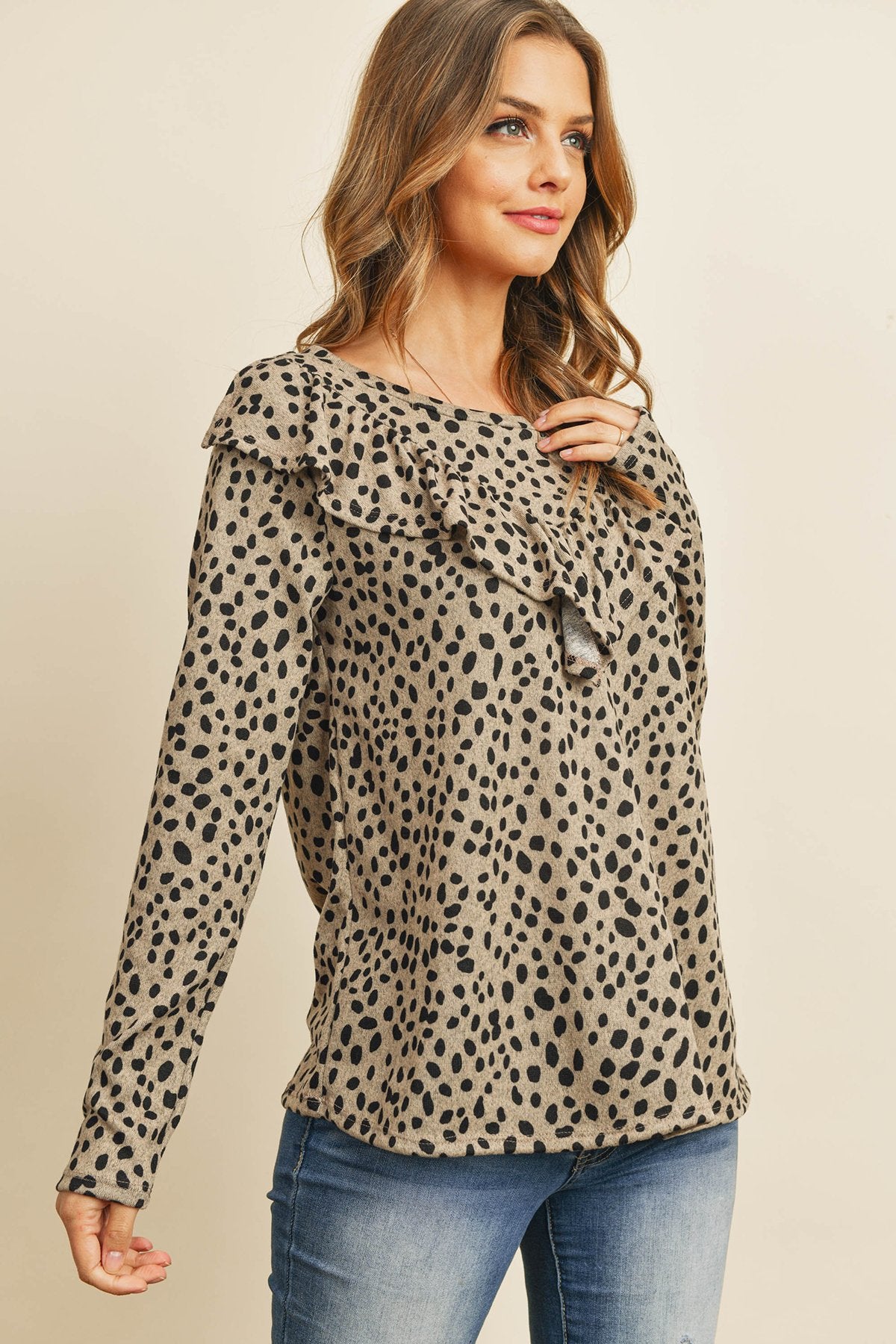 Riah Fashion - Brushed Hacci Leopard V-Shaped Ruffle Detail Top - 3 COLORS -