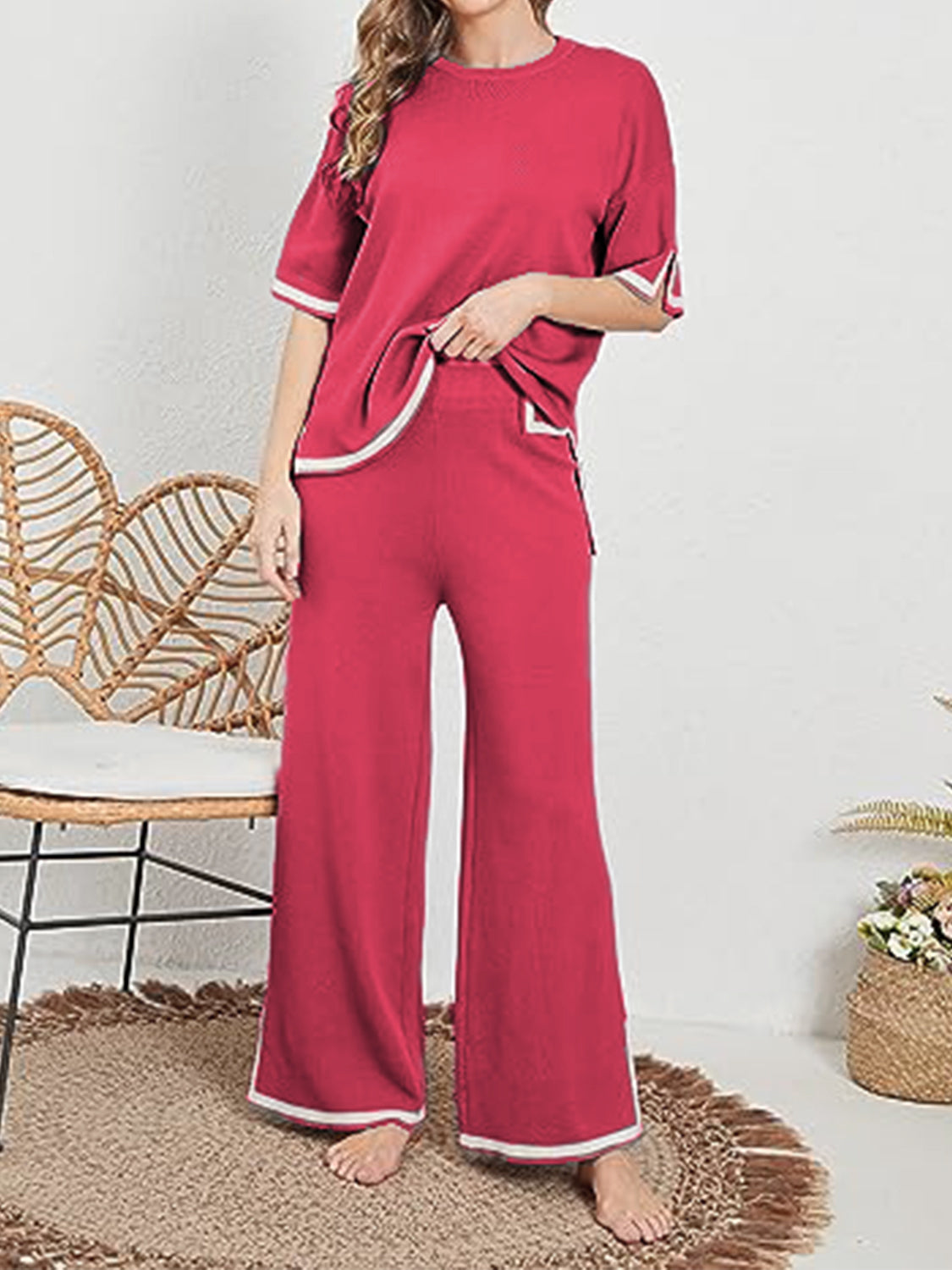 Contrast High-Low Sweater and Knit Pants Set - T - 7 COLORS -