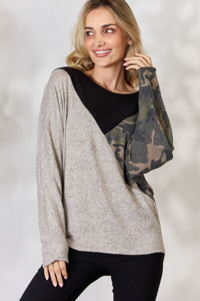 BiBi Brushed Hacci Color Block Long Sleeve Top - T - 1 COLOR -