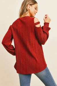 Thumbnail for Riah Fashion - Ladder Open Shoulder Long Sleeved Rib Detail Top - 4 COLORS -