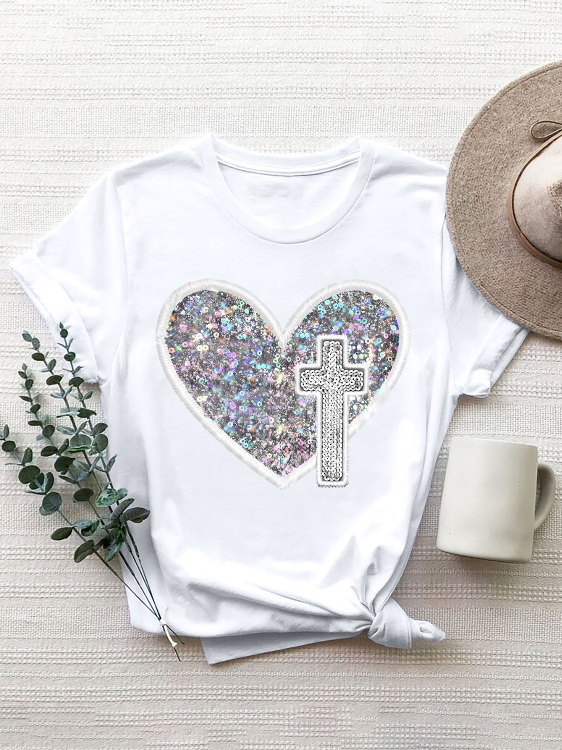 Sequin Heart Round Neck Short Sleeve T-Shirt - T - 7 COLORS -