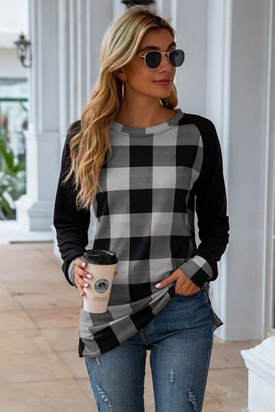 Plaid Round Neck Long Sleeve T-Shirt - T - 5 COLORS -