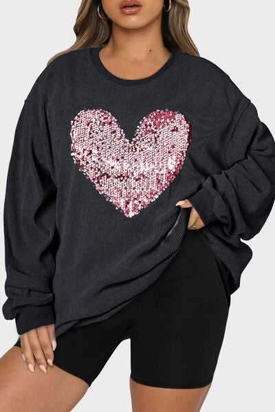 Plus Size Heart Sequin Round Neck Sweatshirt - SIZES 1XL THRU 3XL - T - 3 COLORS -