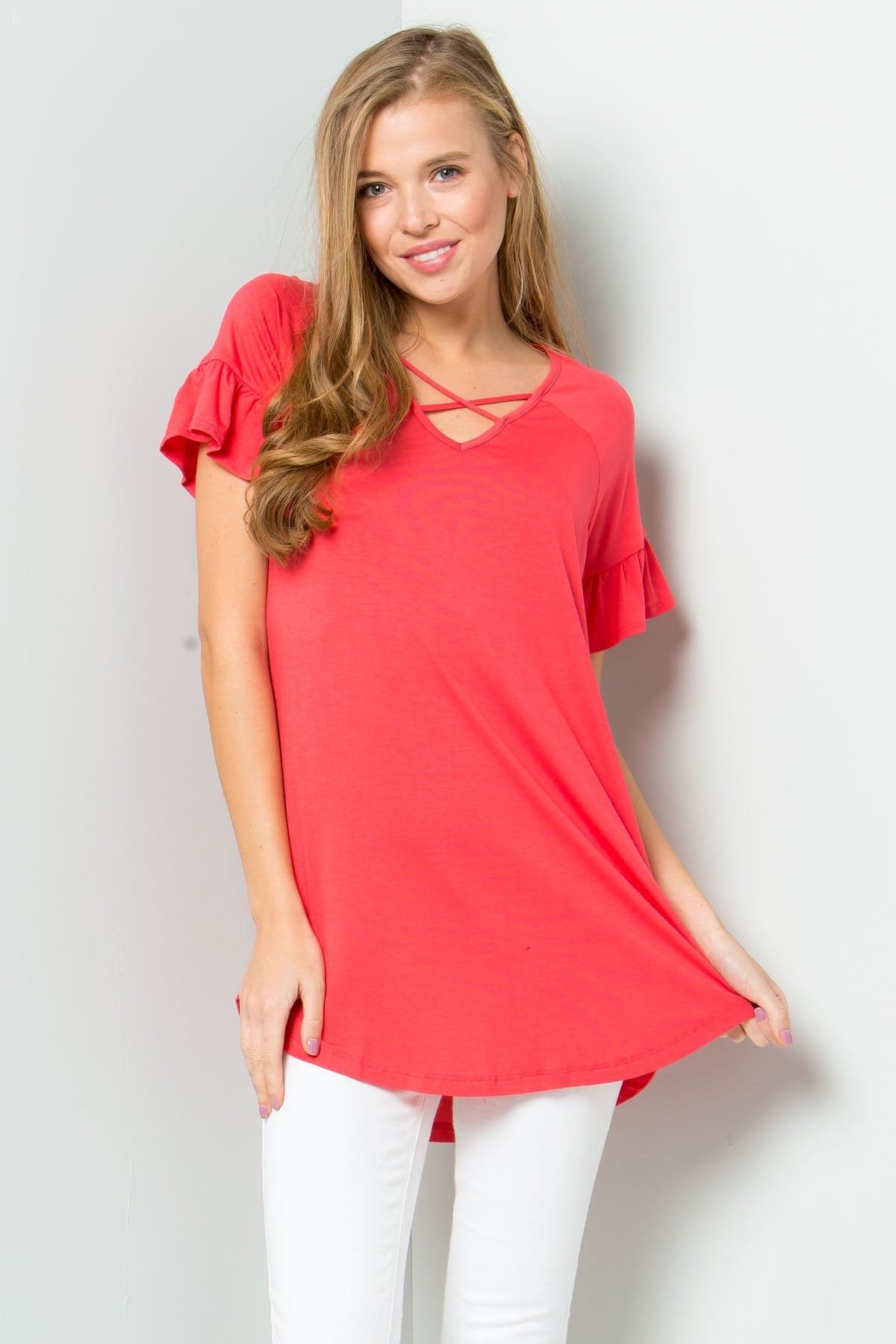 Ruffle Sleeve Criss Cross Tunic - 8 COLORS -