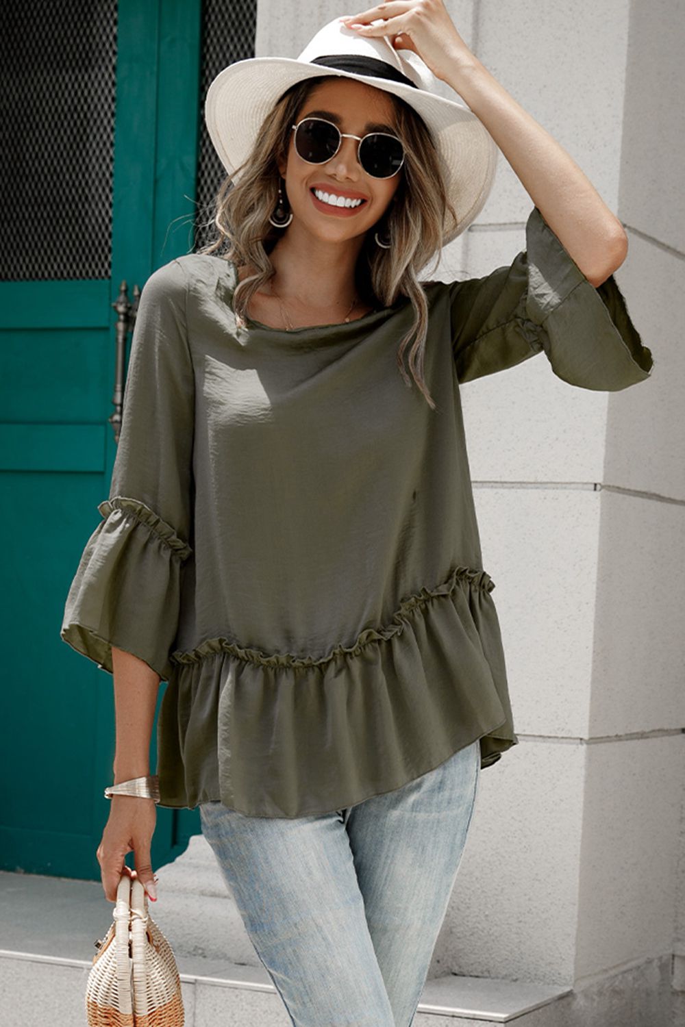 Frill Trim Round Neck Blouse - T - 1 COLOR -