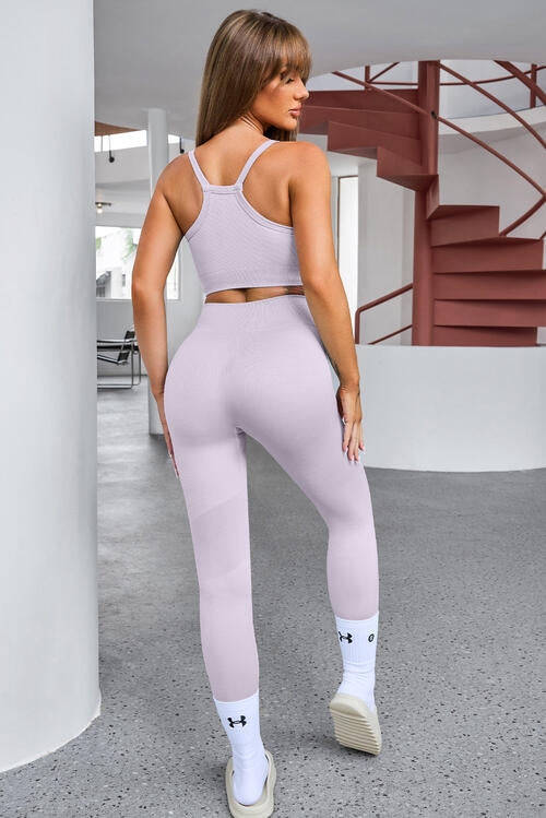 Tank Cropped Active Top and Pants Set - 3 PCS. - T - 5 COLORS -