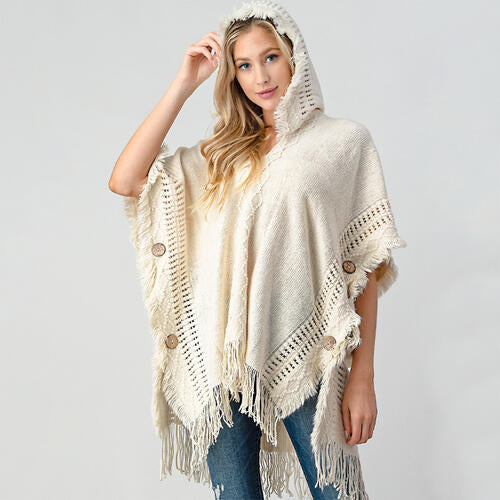 Fringed Crochet Buttoned Hooded Poncho - T - 1 COLOR -