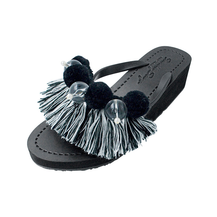 SAND BY SAYA N.Y. - Black Pom Pom Tassel- Women's Mid Wedge - 2 COLORS -