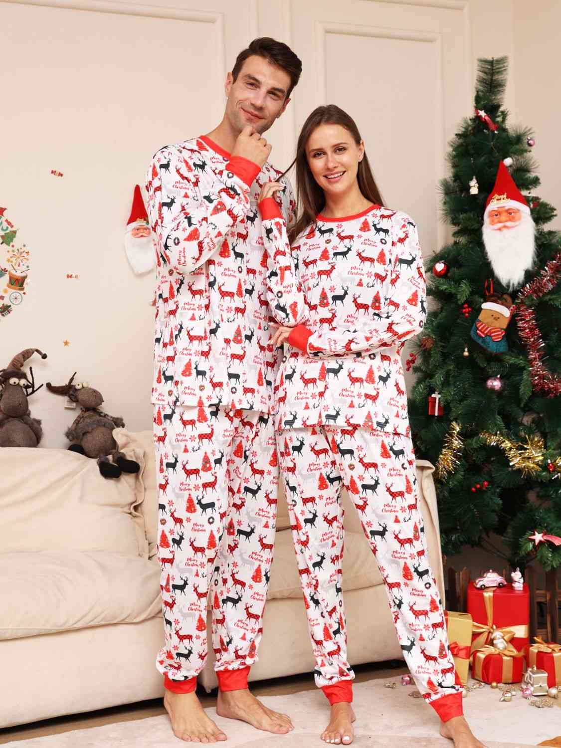 MEN Full Size Reindeer Print Top and Pants Set - T -