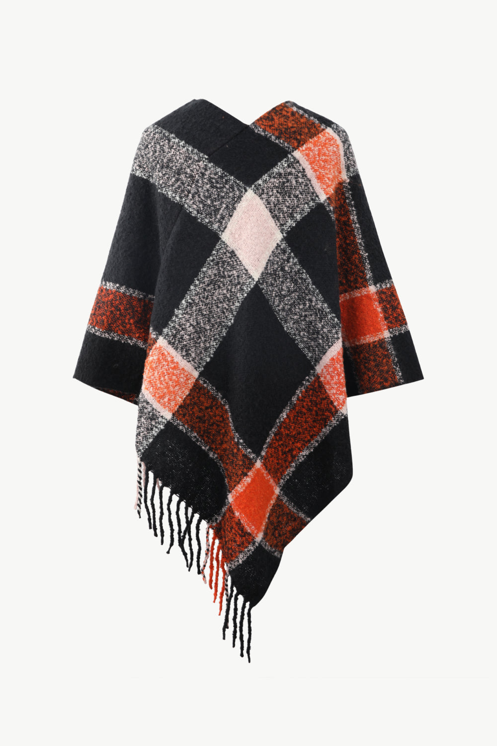 Plaid Fringe Detail Poncho - T - 7 COLORS -