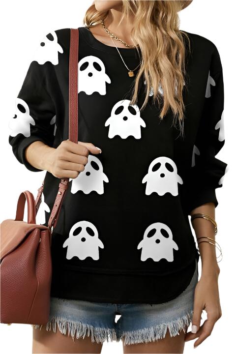 Ghost Print Slit Round Neck Sweatshirt - T - 1 COLOR -