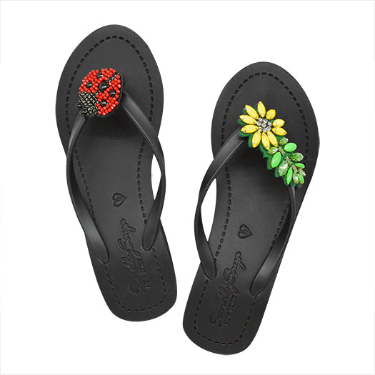 SAND BY SAYA N.Y. - Ladybug & Daisy - Red and Yellow Embellished Motifs Women's High Wedge Flip Flops Sandal - 3 COLORS -