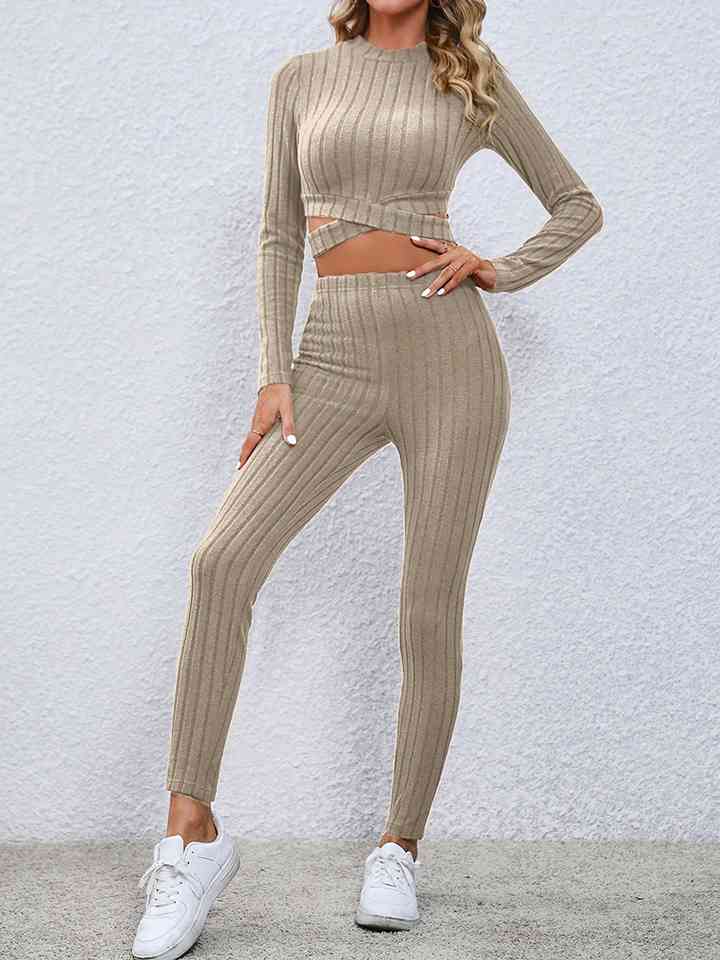 Crisscross Knit Top and Leggings Set - 2 PCS. - T - 3 COLORS -