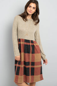 Thumbnail for Riah Fashion - Two Toned High Neck Long Sleeves Plaid Contrast Dress - 3 COLORS -