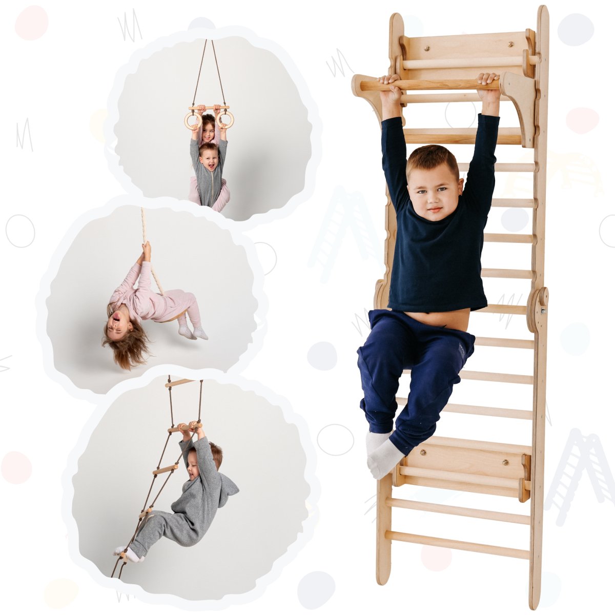 Wooden Swedish Wall / Climbing Ladder for Children + Swing Set