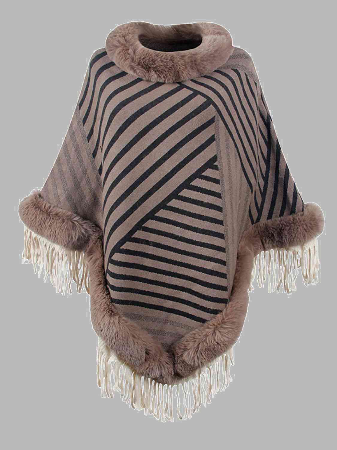 Striped Fringe Hem Poncho - T - 5 COLORS -