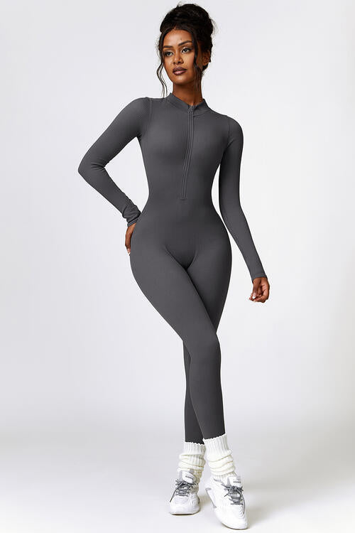 Half Zip Long Sleeve Active Jumpsuit - T - 5 COLORS -