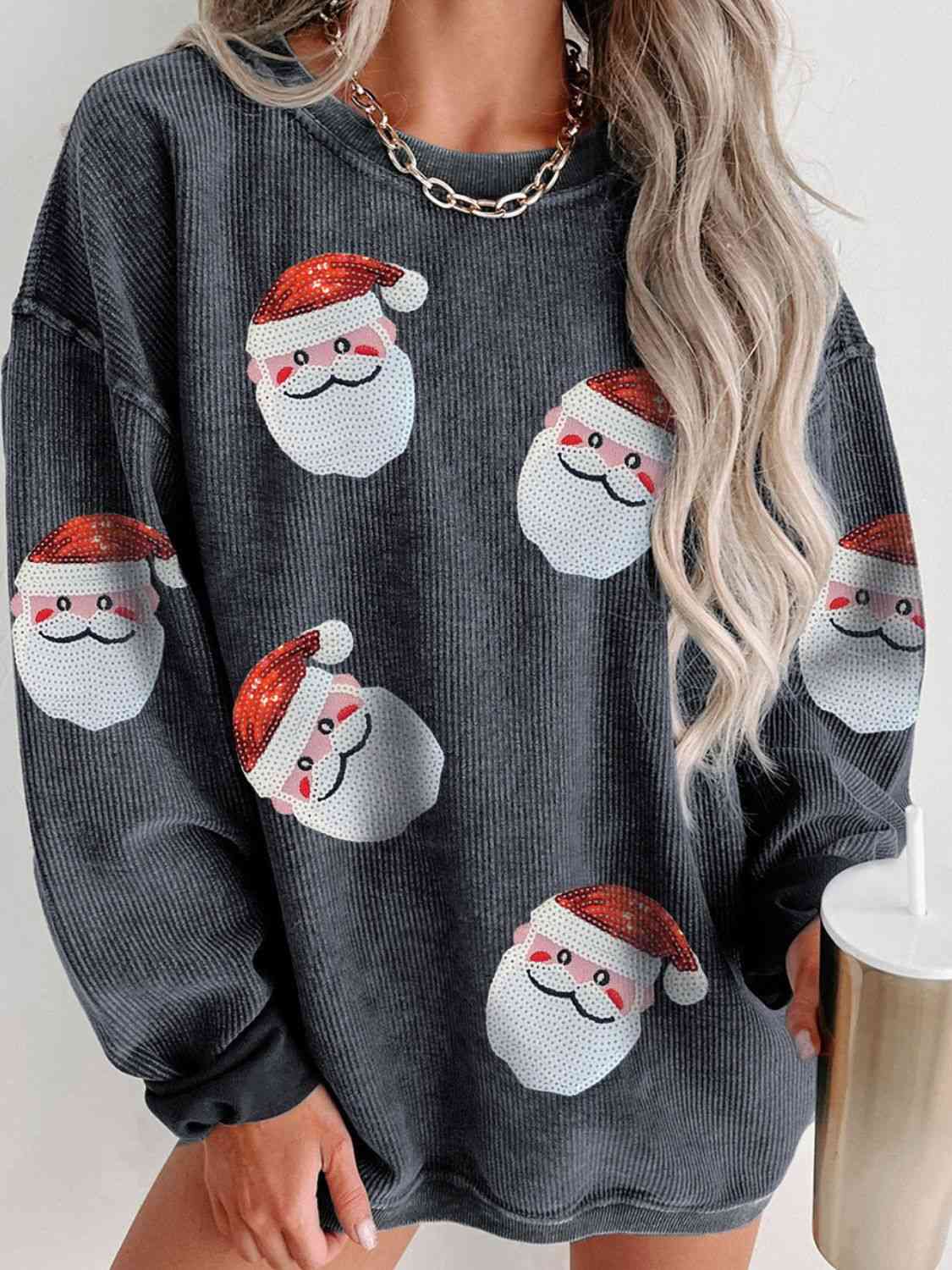 Sequin Santa Patch Ribbed Sweatshirt - T - 2 COLORS -