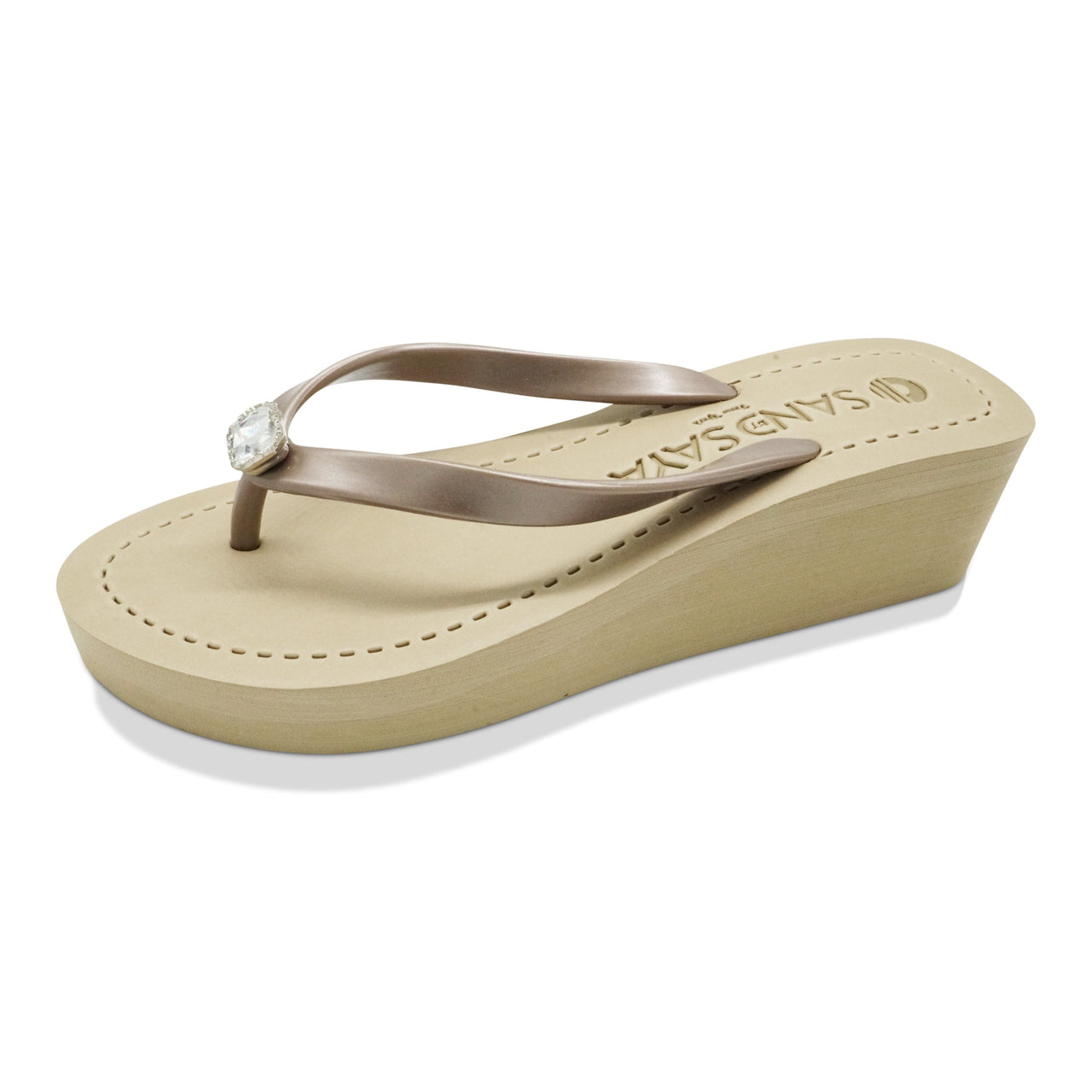 SAND BY SAYA N.Y. - Rectangle Studs - Crystal Mid Wedge Flip Flops With Stones - 2 COLORS -