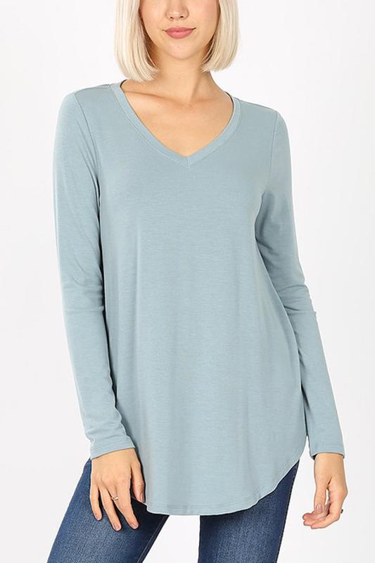 Riah Fashion - Premium Long Sleeve V-Neck Round Hem Top - 11 COLORS -