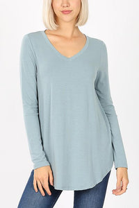 Thumbnail for Riah Fashion - Premium Long Sleeve V-Neck Round Hem Top - 11 COLORS -