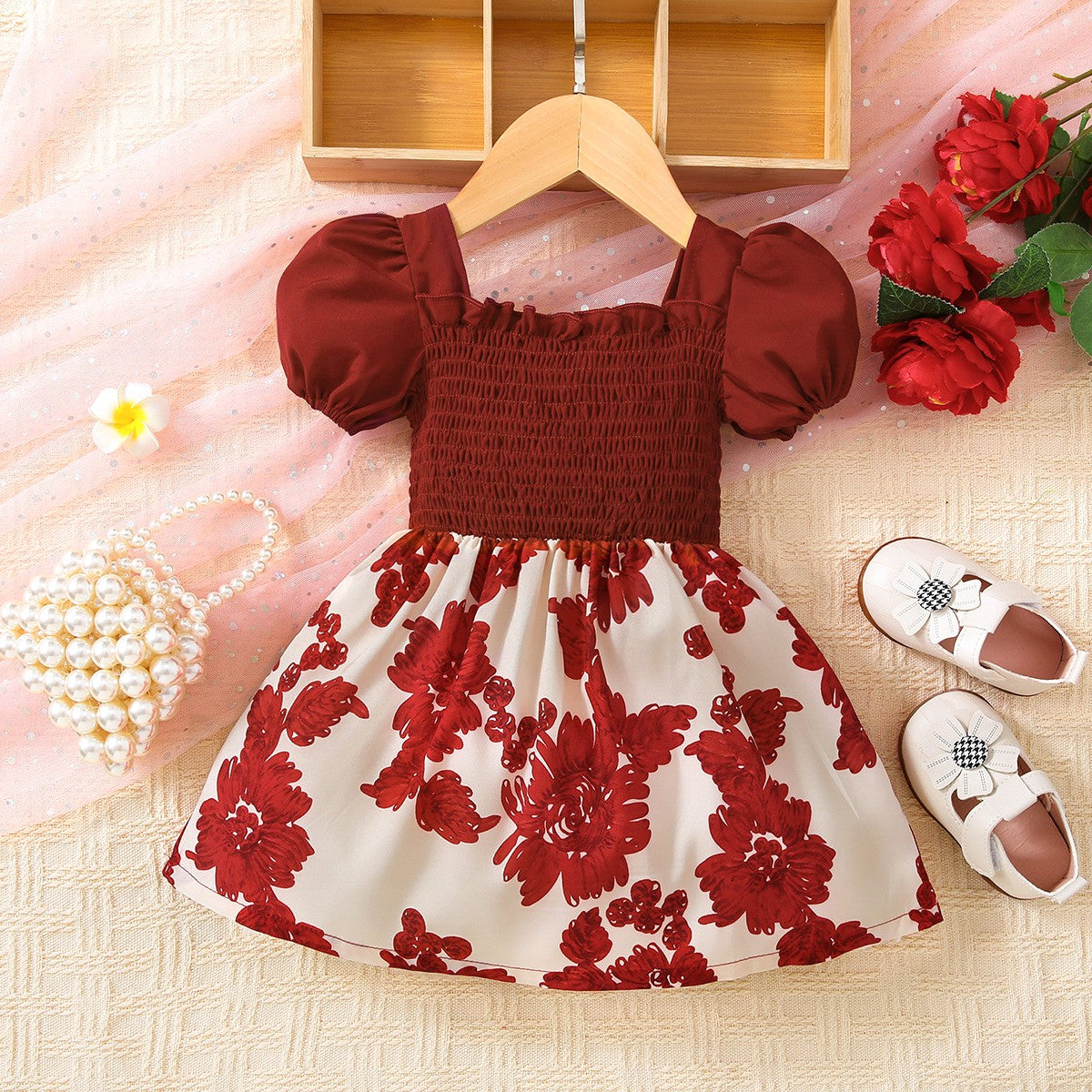 Baby Girl Floral Frill Trim Square Neck Smocked Dress - T - 5 SIZES - 1 COLOR -