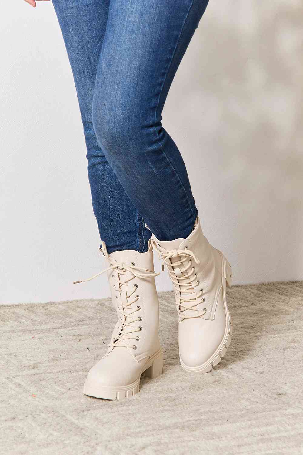 Faux Suede Zip Back Lace-up Front Combat Boots - T - 1 COLOR -