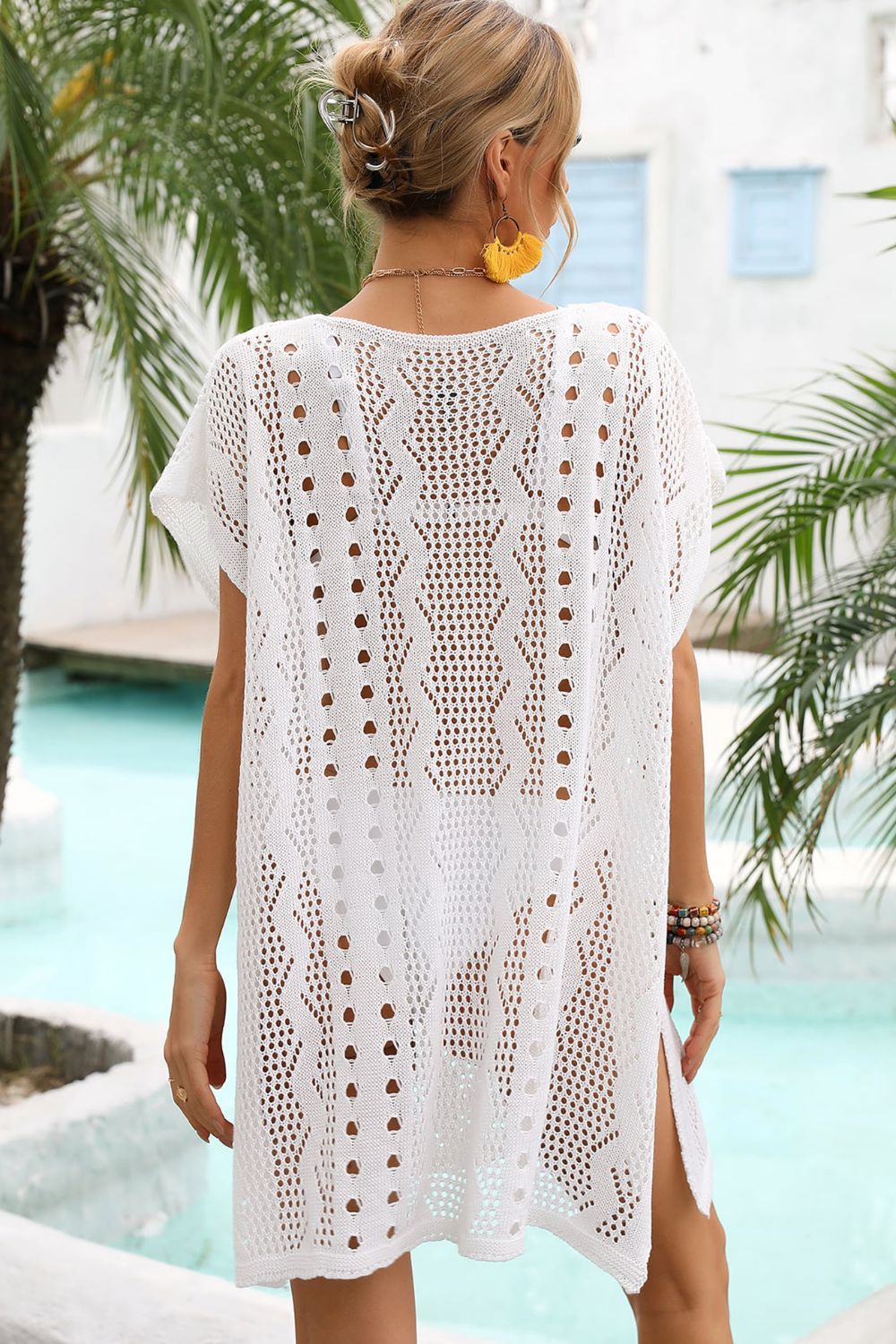 Openwork Plunge Dolman Sleeve Cover-Up Dress - T - 1 SIZE / 2 COLORS -