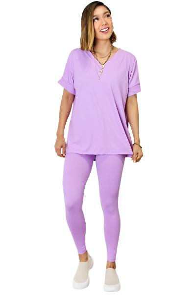 Zenana V-Neck Rolled Short Sleeve T-Shirt and Leggings Set - 2 PCS. - T - 1 COLOR -