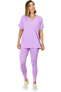 Thumbnail for Zenana V-Neck Rolled Short Sleeve T-Shirt and Leggings Set - 2 PCS. - T - 1 COLOR -