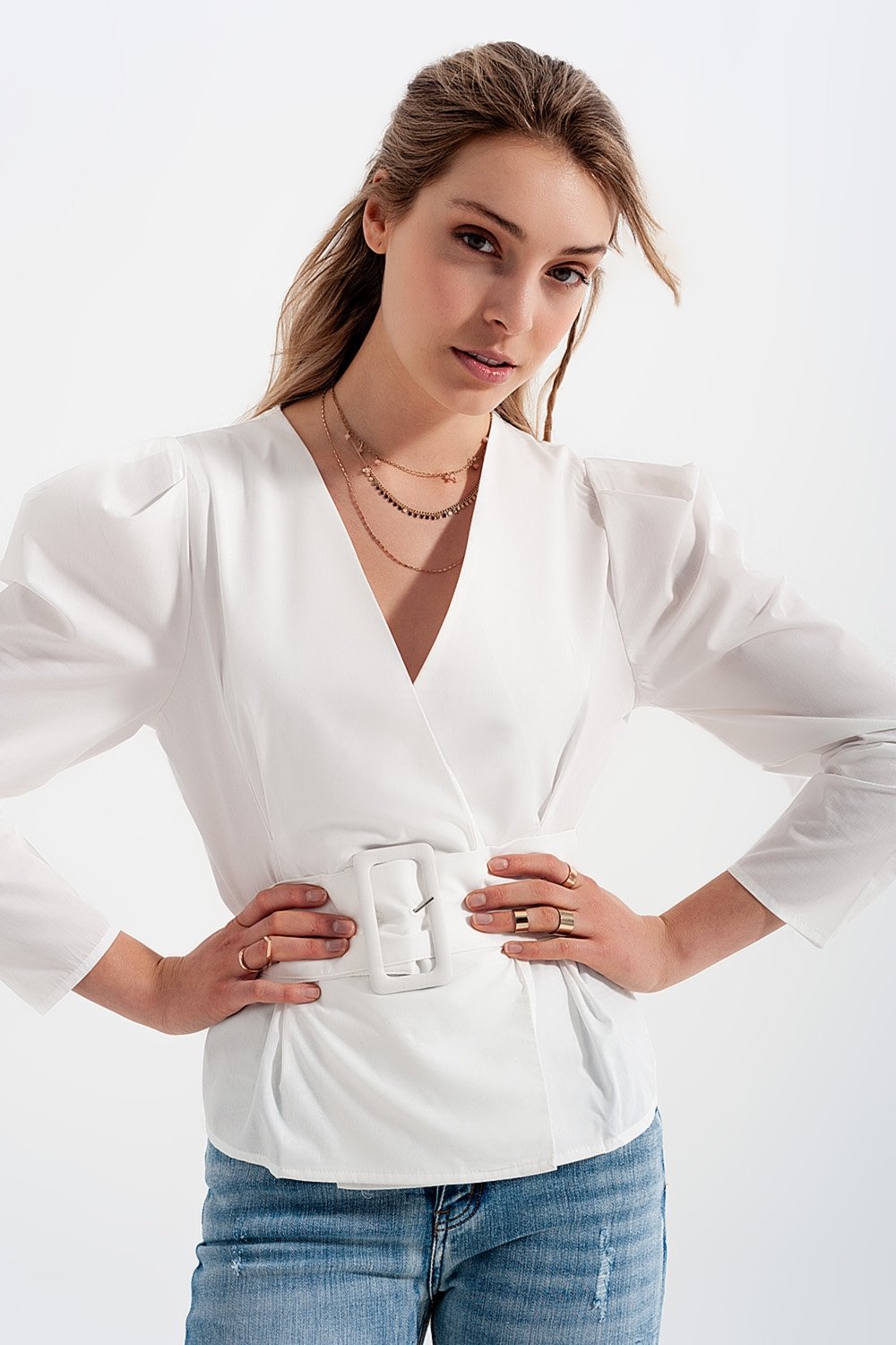 Q2 - Puff Sleeve Wrap Front Top With Belt Detail in White - 1 COLOR -