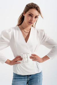 Thumbnail for Q2 - Puff Sleeve Wrap Front Top With Belt Detail in White - 1 COLOR -