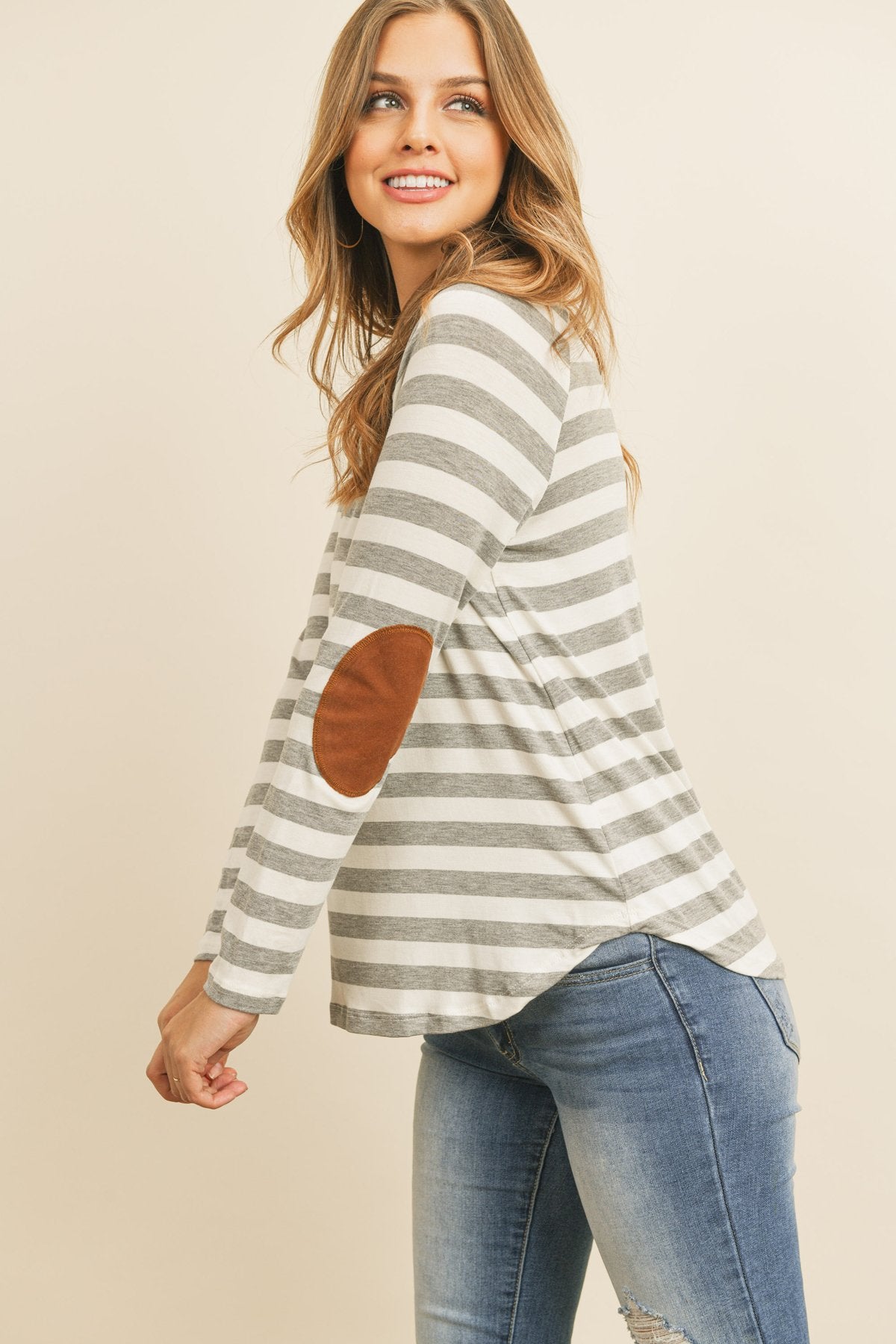 Riah Fashion - Elbow Suede Patch Striped Tunic - 6 COLORS -