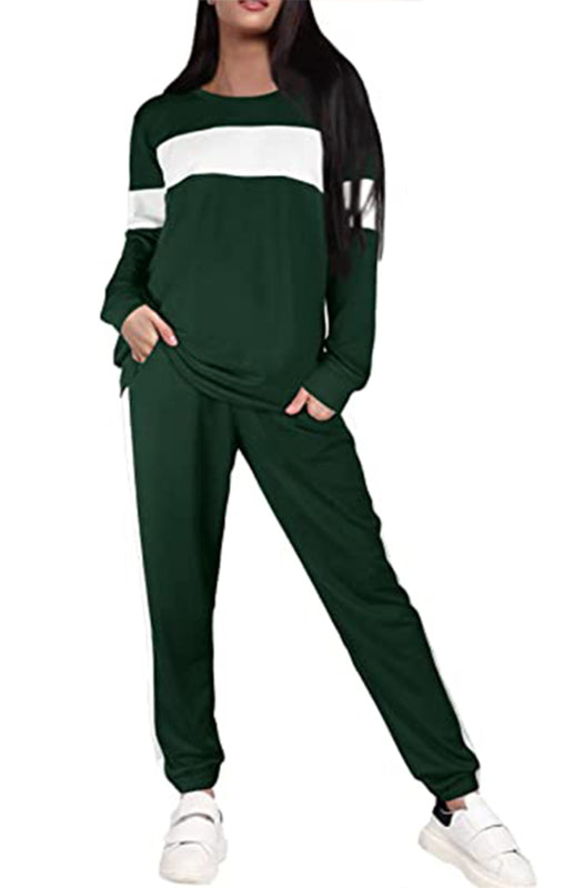 Women's Fashion Loose Casual Round Neck Striped Colorblock Sweater Suit - K - 2 PC. SET - 5 COLORS -