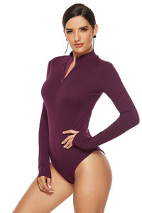 Thumbnail for Full Size Ribbed Half Zip Long Sleeve Bodysuit - T - 4 COLORS -