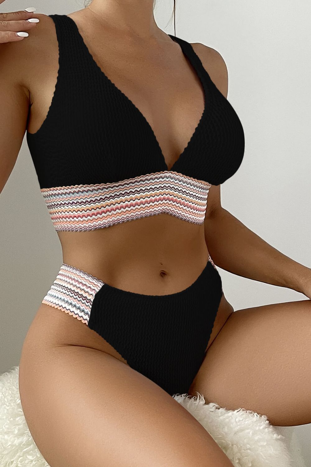 Contrast Textured High Cut Swim Set - T - 5 COLORS -