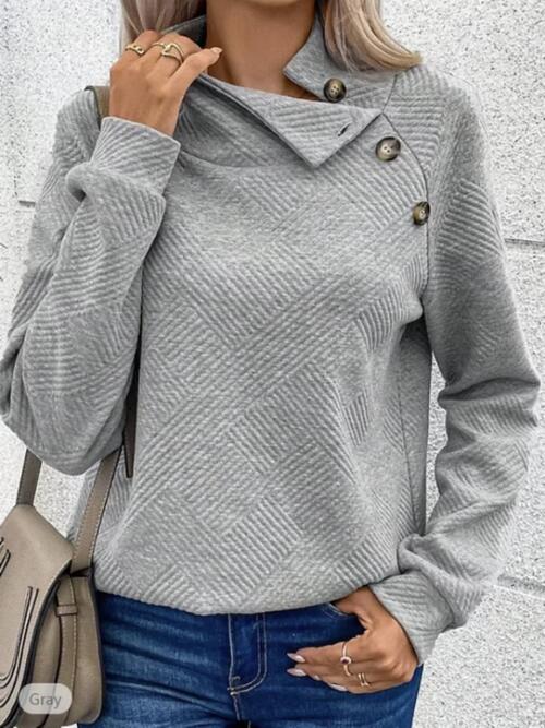 Buttoned Mock Neck Long Sleeve Sweatshirt - T - 3 COLORS -