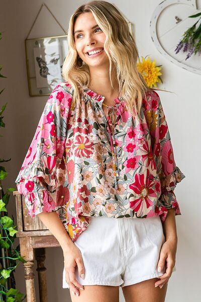 First Love Printed Tie Neck Flounce Sleeve Blouse - T - 1 COLOR -