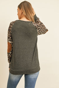 Thumbnail for Riah Fashion - Leopard Sleeve Elbow Patch Sweater - 1 COLOR -