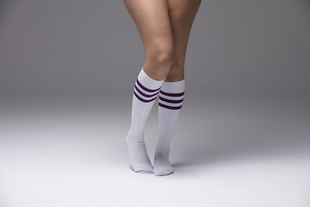 Women's Solid Purple Stripe Knee High Socks - 1 COLOR -