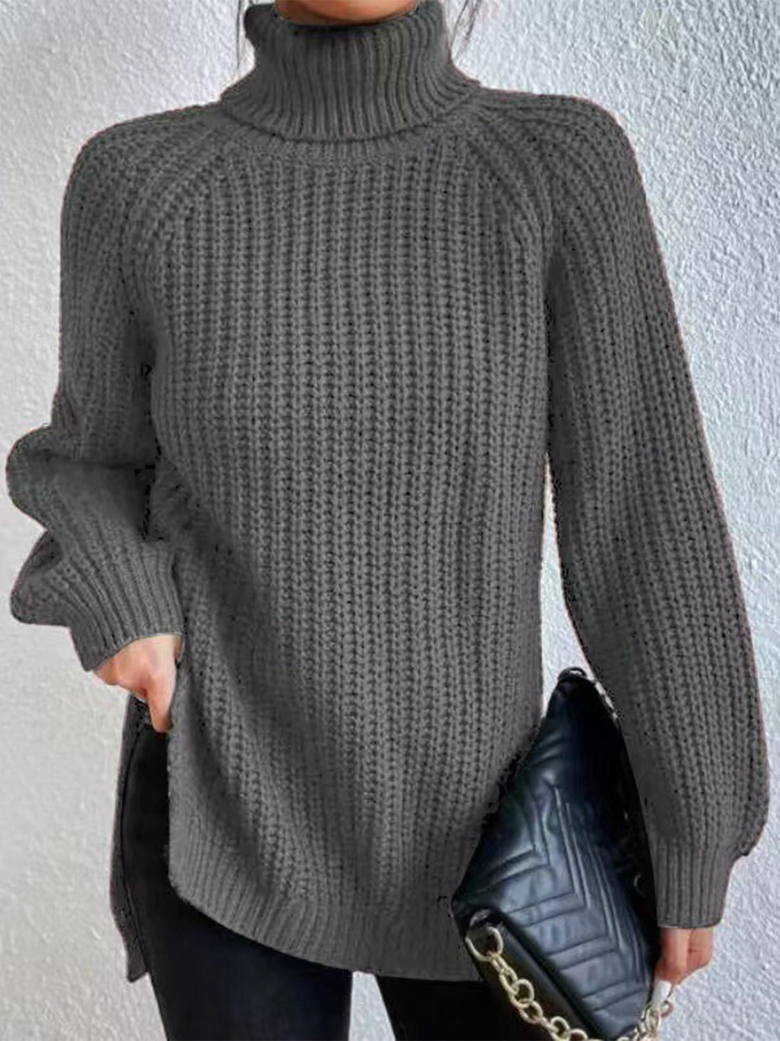 Full Size Turtleneck Rib-Knit Slit Sweater - T - 12 COLORS -