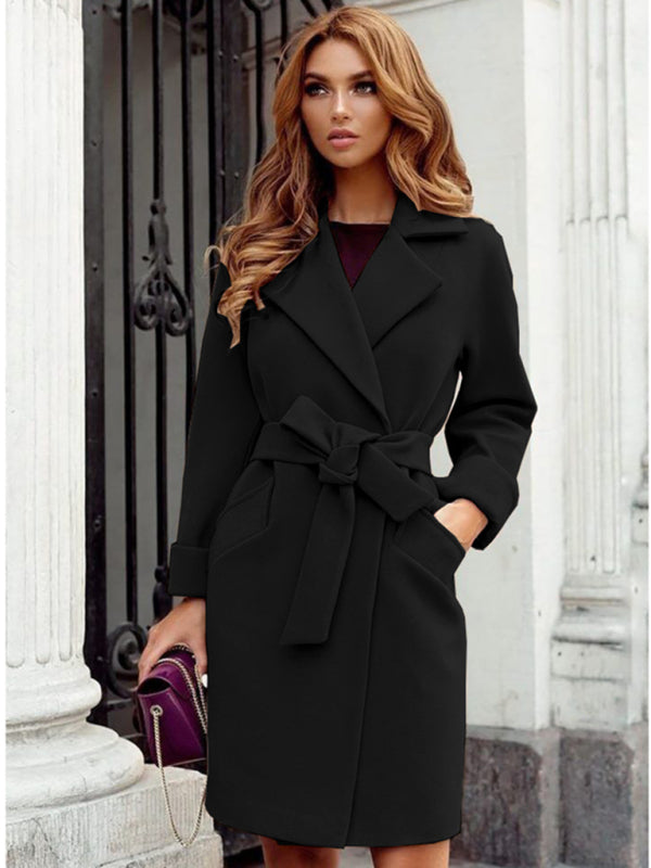 Women’s Stylish Solid Color Classy Collared Overcoat With Waist Tie And Hand Pockets - K - 3 COLORS --